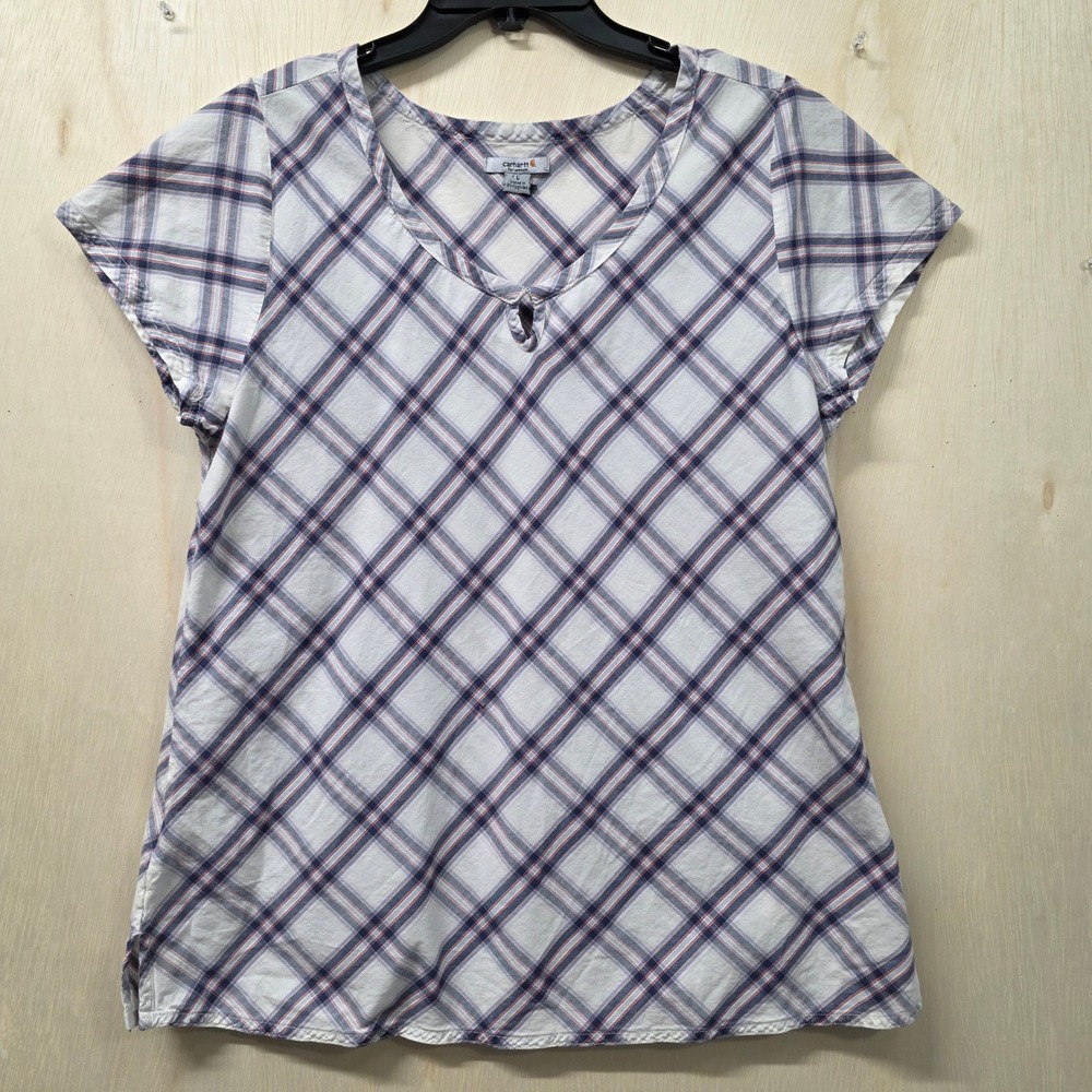 Carhartt Blue White Plaid Keyhole Top Womens Large Short Sleeve Cotton Shirt